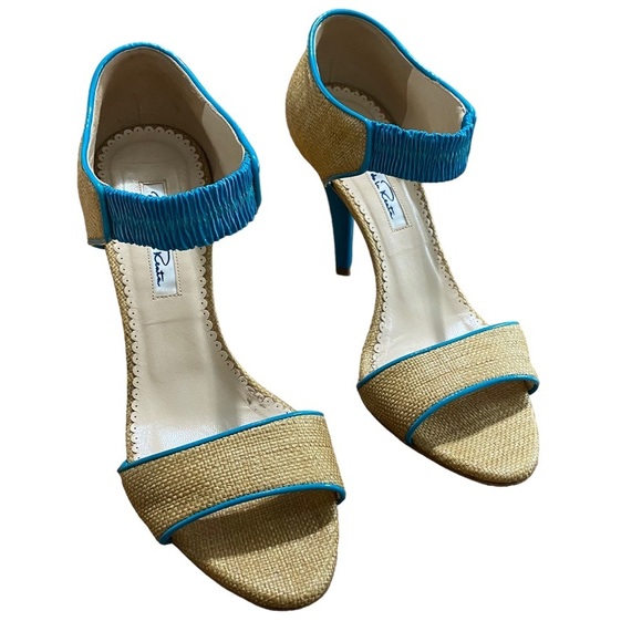 OSCAR DE LA RENTA - OPEN TOE BEIGE RAFFIA & TURQUOISE PATENT LEATHER - SZ 37 S8 - Picture 1 of 14